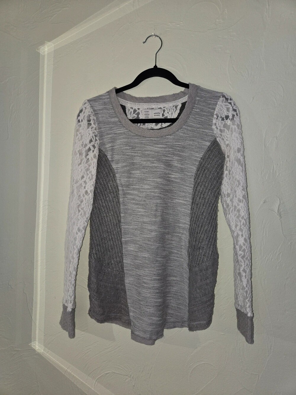 Saturday Sunday Anthropologie Grey Knit Lace Sleeve Top